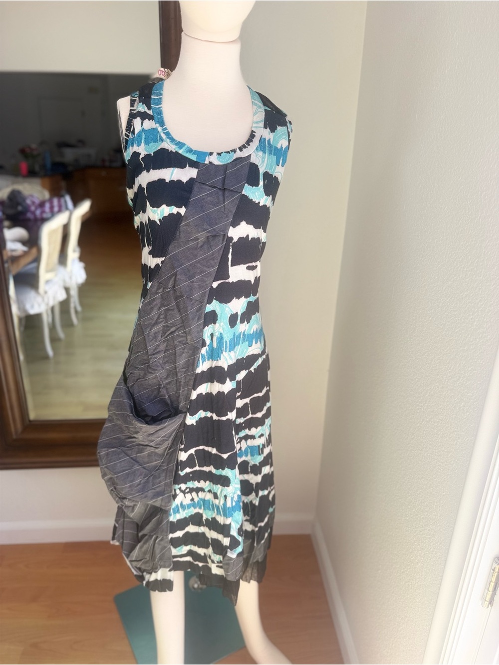 Sleeveless Teal, Black and White Midi Dress with Asymmetrical Gray Panel